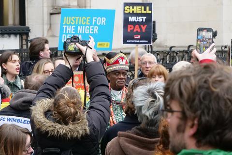 Ogale community leader, King Bebe Okpabi, outside the High Court. Source: Leigh Day