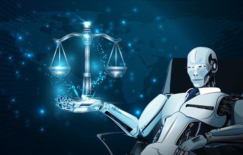 A robot holds justice scales in its hand
