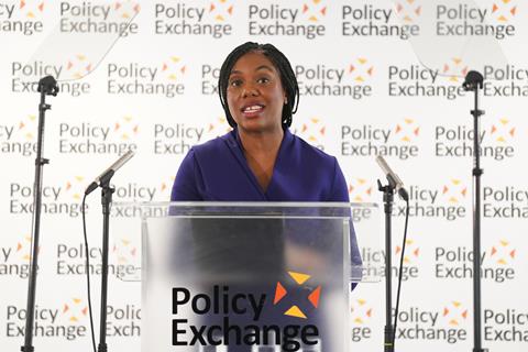 Conservative Party leader Kemi Badenoch delivers a speech at Policy Exchange in Westminster, London