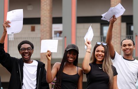 Students hold their A-level results