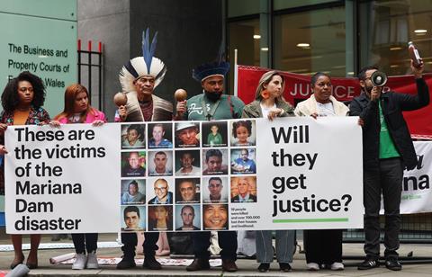 Protesters demonstrate against Mariana dam disaster outside London's High Court