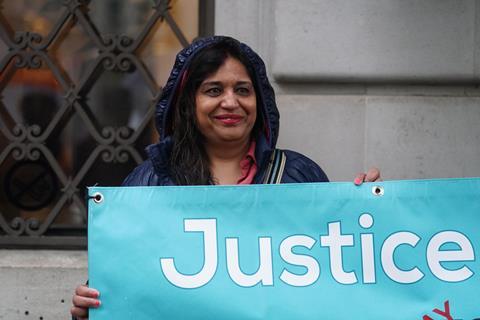 Seema Misra outside the Post Office Inquiry earlier this year